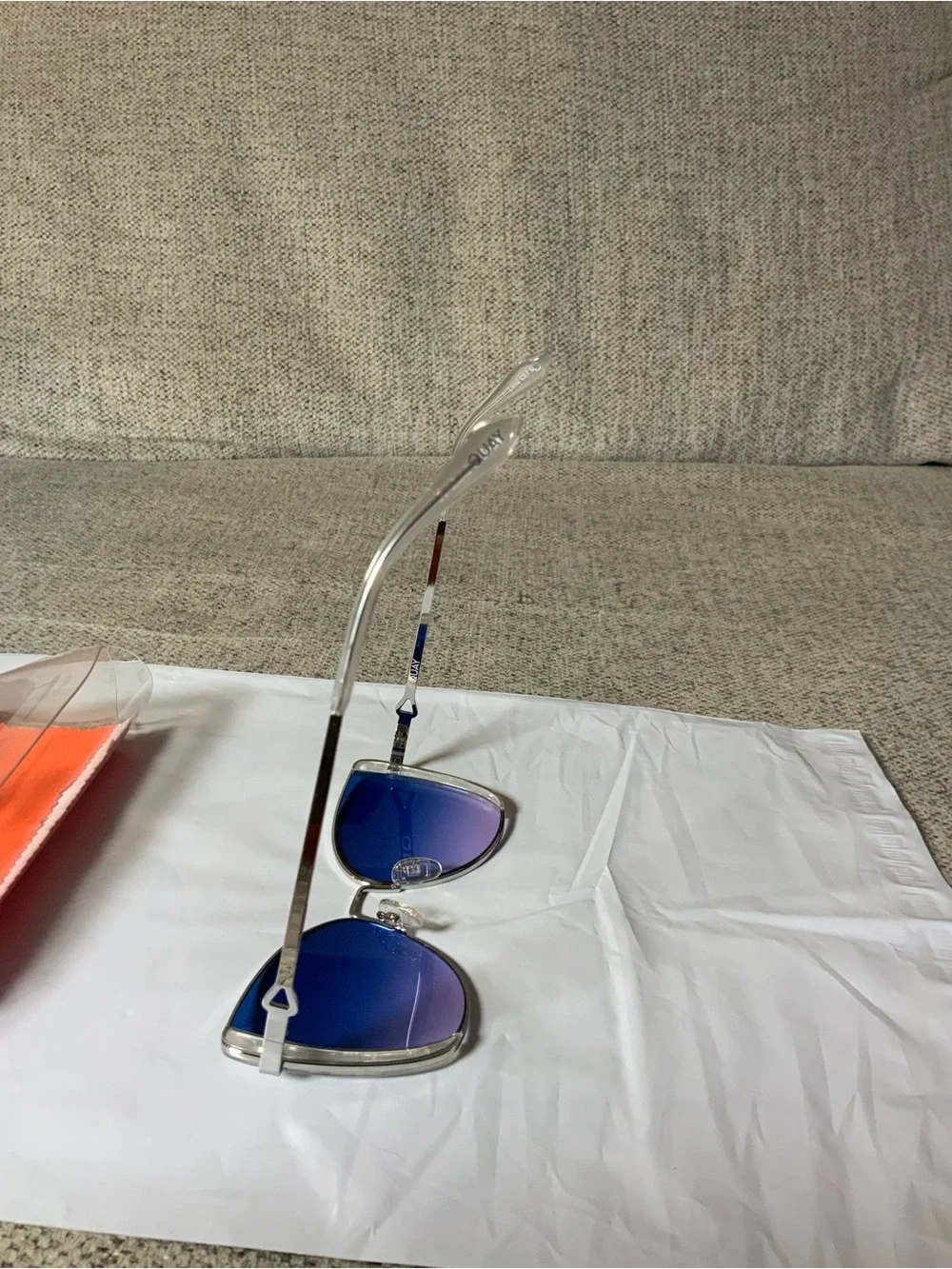 Quay Australia Clear Frame Sunglasses with Blue-to-Red Gradient Lenses